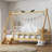Twin Size  Bed Frame with Guardrails & Step Ladder, Solid Wood Platform Bed-1905468941