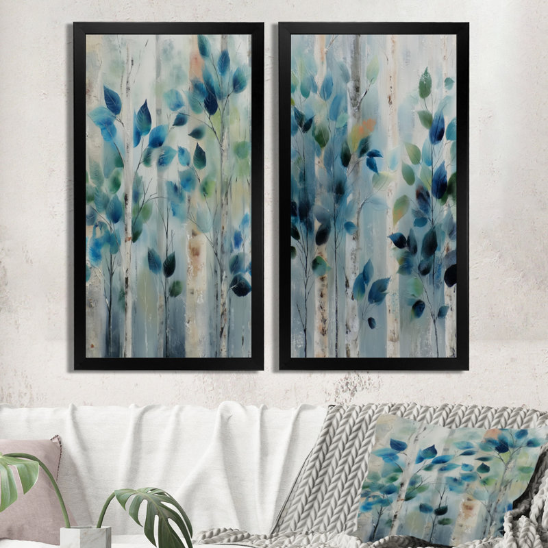 «Green Blue Herbs Minimalisme - Plantes», art mural encadré botanique bleu 2 pièces, H 40 po x l 40 po, Cadre simple noir