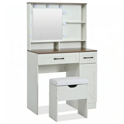 Farmhouse Makeup Vanity Desk with Mirror, Lights, Stool, and Adjustable Shelves for Rustic Bedroom Decor