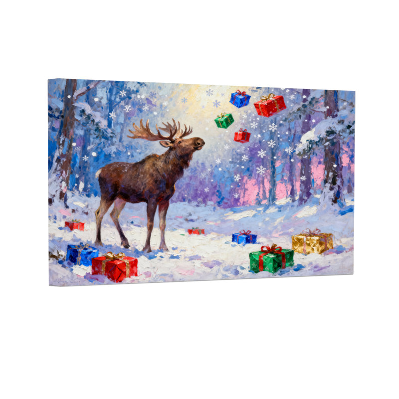 Orignal de Noël dans la forêt enneigée avec cadeaux, H 16 po x l 24 po