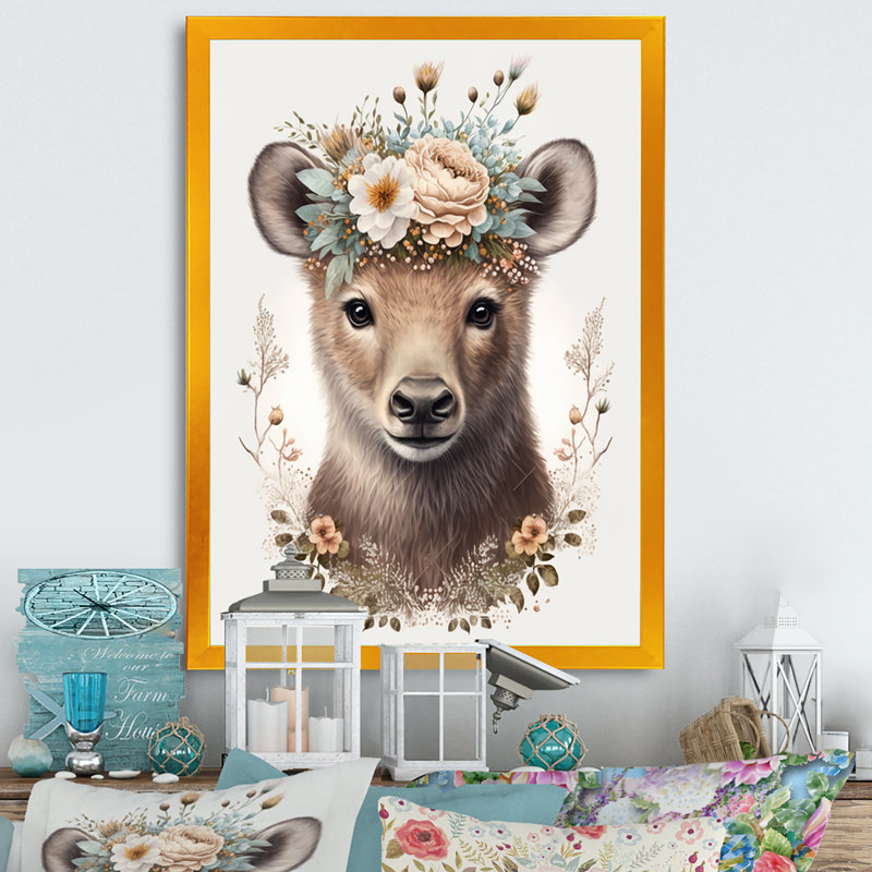 Mignon bébé ours avec couronne florale III - animaux, art mural sur toile, L 12 po x H 20 po, Toile avec cadre photo doré