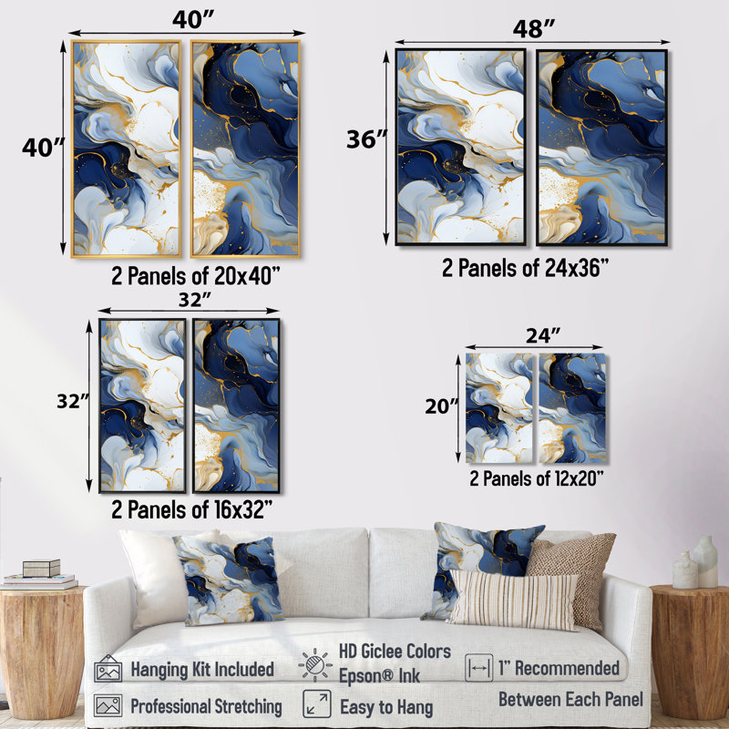 Motif de marbre céleste doré et bleu - mauve, art mural moderne, H 32 po x l 32 po, Toile tendue, Ne s’applique pas