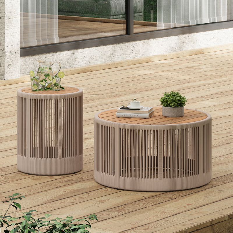 Ensemble de tables basses de patio avec plateau rond en bois, corde en rotin, Beige