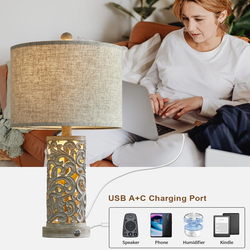 Wash White 22'' Touch Control Table Lamp Set with USB Ports