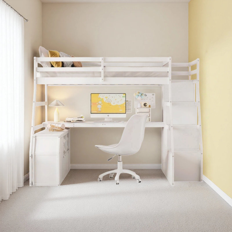 Lit mezzanine double avec 7 tiroirs, 2 tablettes et un bureau, Blanc