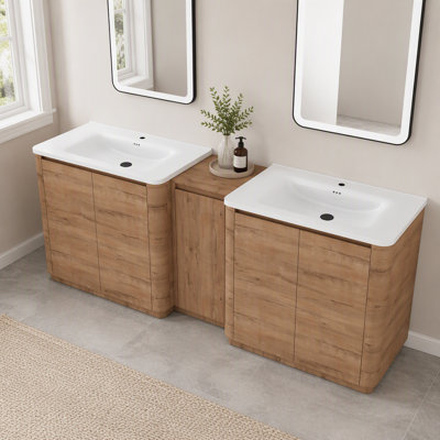 Meuble-lavabo autoportant de 84 po avec lavabo en céramique blanche et 1 petite armoire de rangement, porte à fermeture en douceur, chêne imitation, emballage Kd, contreplaqué