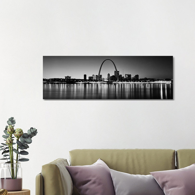 City Lit Up At Night, Gateway Arch, Mississippi River, St. Louis, Missouri, Usa by Panoramic Images - No Frame Panoramic Print on Canvas