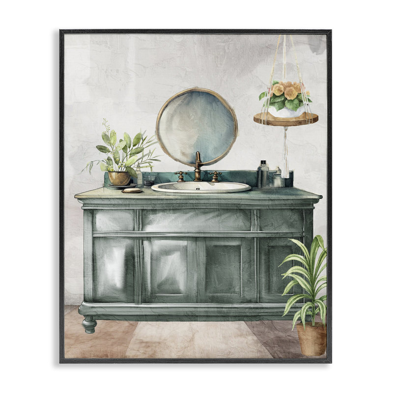 «Bath Greens Botanical Vanity», estampe numérique, conception de Kim Allen, H 14 po x l 11 po, Giclée encadrée noir minuit