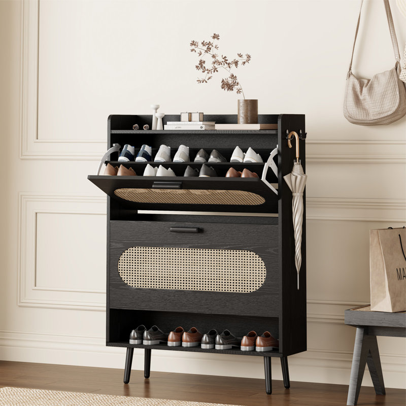 Rattan Shoe Cabinet with 2 Flip Drawers & Bottom Shelf, Freestanding Hidden Shoe Storage Cabinet for Entryway, Narrow Shoe Rack Cabinet for Hallway Foyer