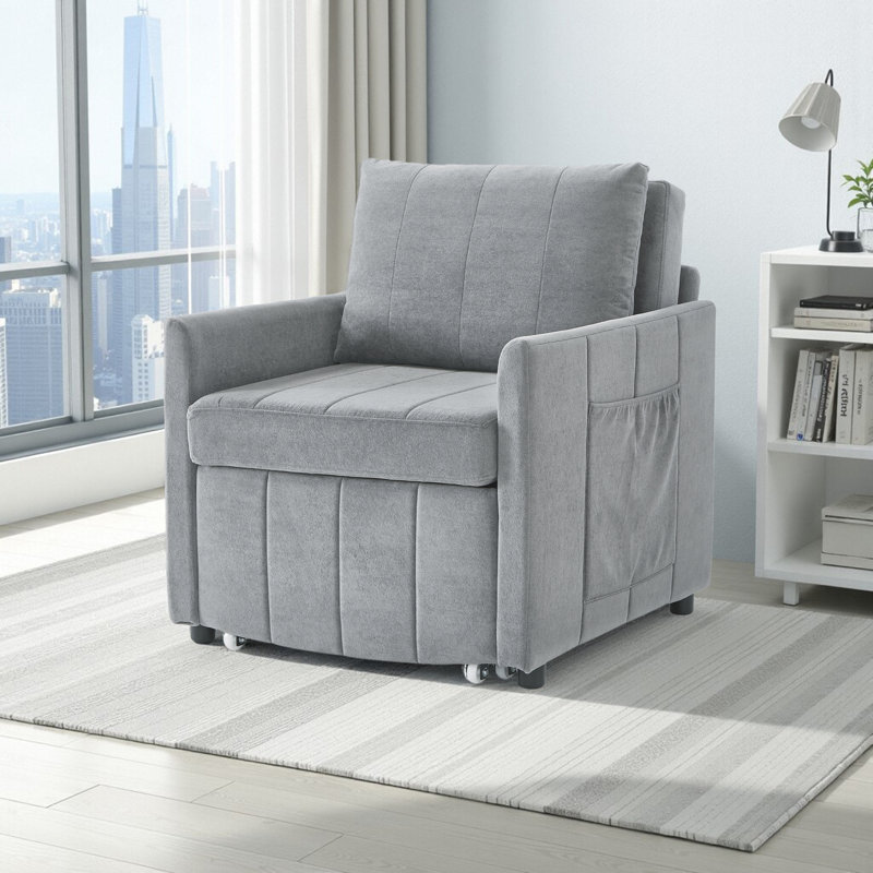 Lit convertible CHAIR Lit avec dossier réglable, poches latérales et panier de rangement, Gris