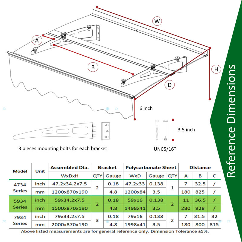Door Window Awning Canopy Made Of 0.137Inch Thick Crystal Solid Polycarbonate Sheet And Aluminum Alloy With Valance In Size Of 59" Wide X 34" Deep For Masonry Concrete Wall House Only.