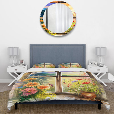 Summer Sunset Floral Window II - Farm Windows Duvet Cover Set - Microfiber Polyester