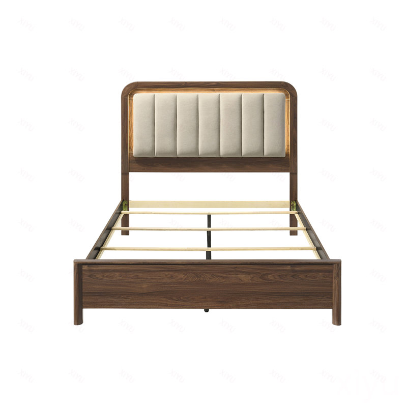Lit King Size en bois massif de noyer, revêtement en polyester, panneaux HB avec éclairage DEL chaud pour chambre à coucher