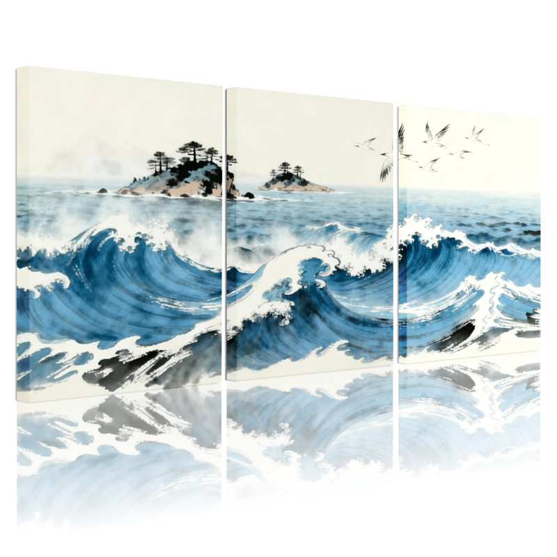Nautique et plage, vagues océaniques, arbres, oiseaux, ciel, ensemble de 3 impressions sur toile, H 24 po x l 48 po