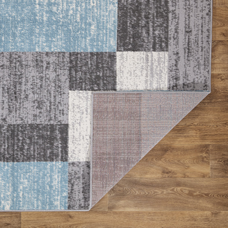 Tapis géométrique bleu / gris / ivoire Abdullah, Tapis de couloir 2 pi x 7 pi