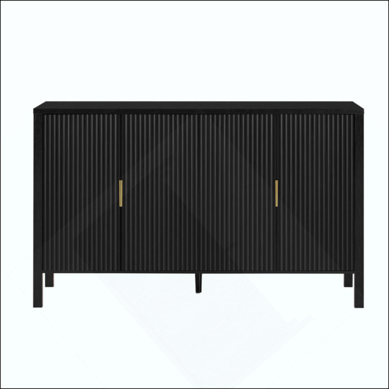 Modern Stripe Door Storage Cabinet, 4-Door Sideboard With Back-Of-Door Storage Racks & Side Hooks, Adjustable Shelves, MDF Cabinet With Aluminum Handles For Living Room, Dining Room