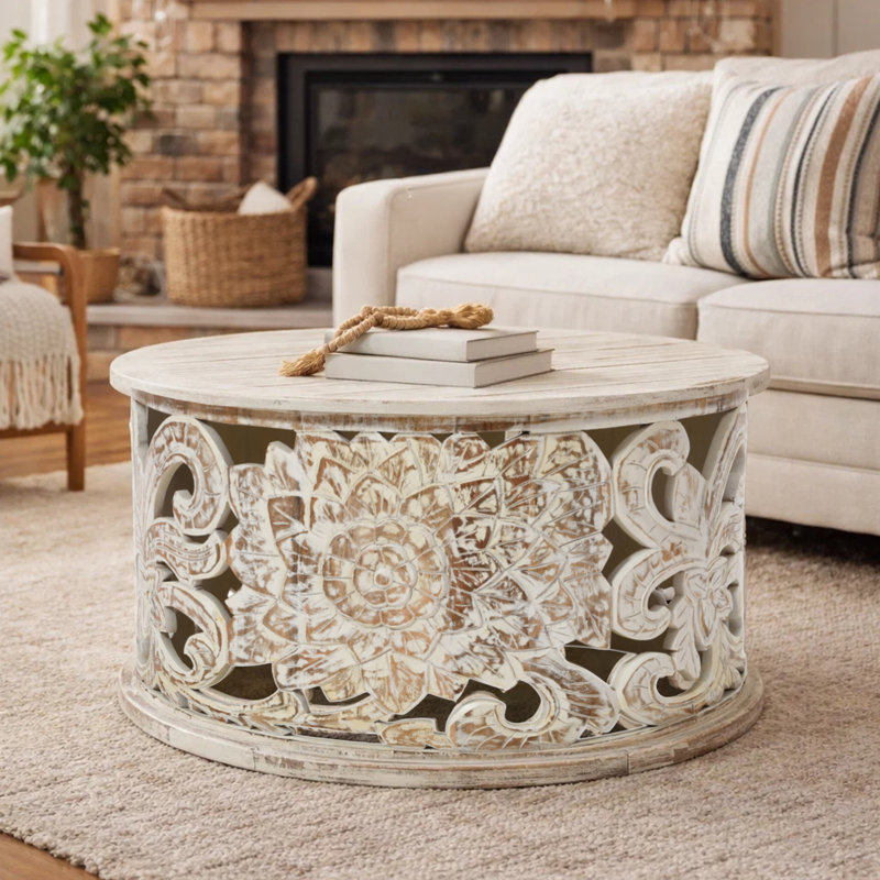Hadlei Coffee Table Handcrafted Mango Wood Floral Carved Cut Out Design Distressed White Finish 33 Inch