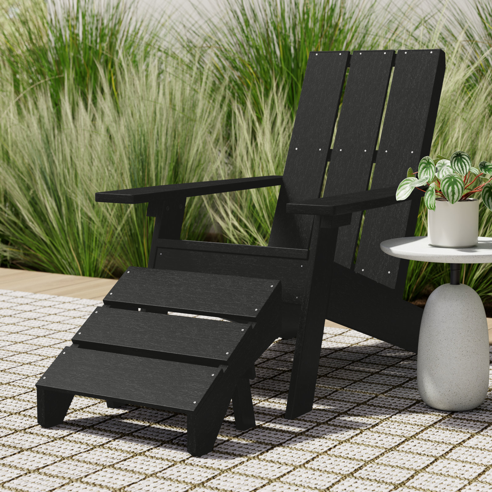 Byrnes Outdoor Adirondack Chair With Ottoman, Black