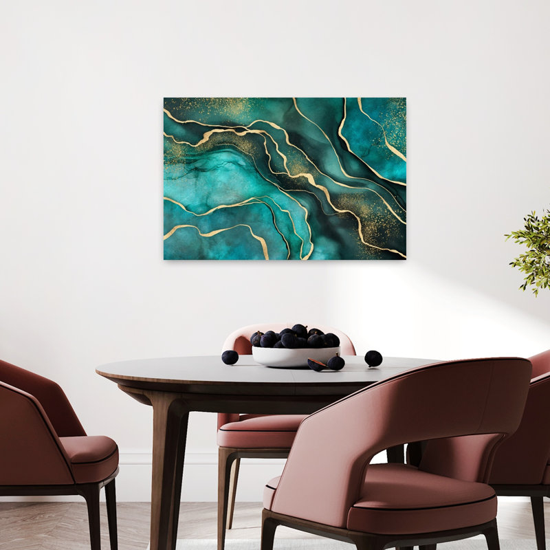 Golden Teal Abstract Waves Abstract Contemporary Wall Art Print by Andrea Haase - Print, 60.96cm H x 91.44cm W