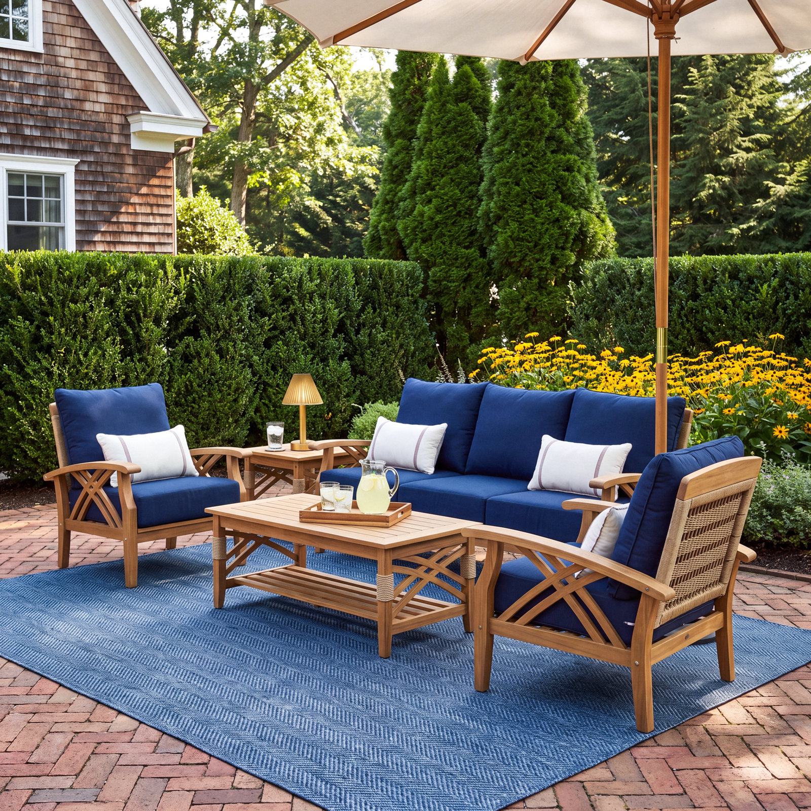 Cotesfield 5-Person Teak Patio Seating Group, Navy