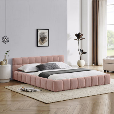 Queen Size Upholstered Design Bed Frame With Thick Fabric Upholstered, Chenille Fabric Upholstered Grounded Queen Size Platform Bed Frame With Headboa