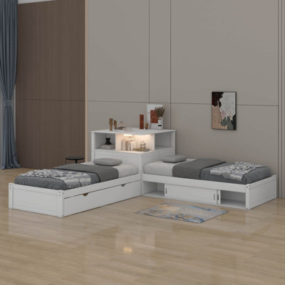 Lit simple d'angle en forme de L avec lit gigogne et rangement, lit plateforme 3 en 1 avec armoires et bureau, lumière DEL intégrée