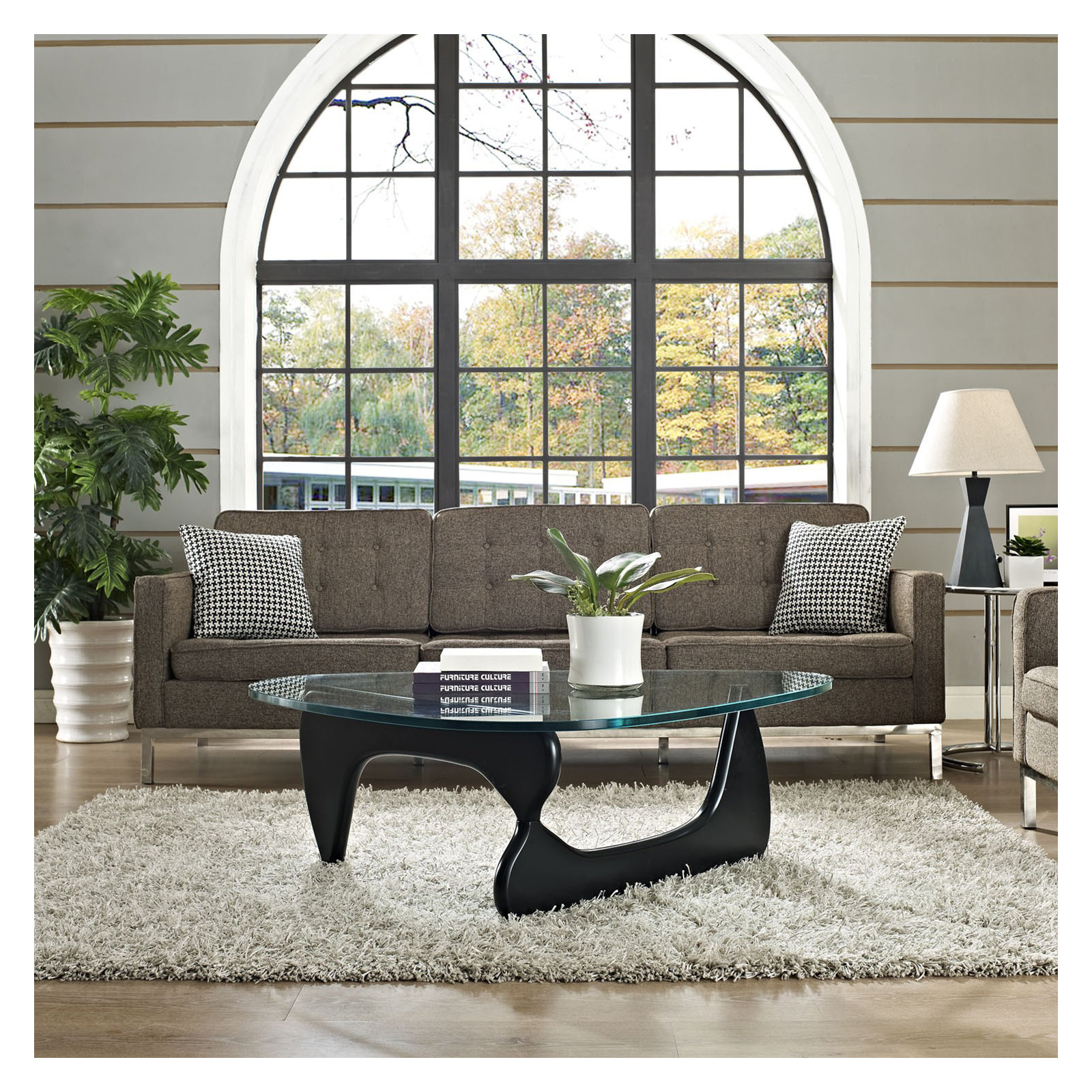 Triangle Glass Coffee Table with Wooden Base Clear Glass Top Mid-Century Abstract Glass Table, Black