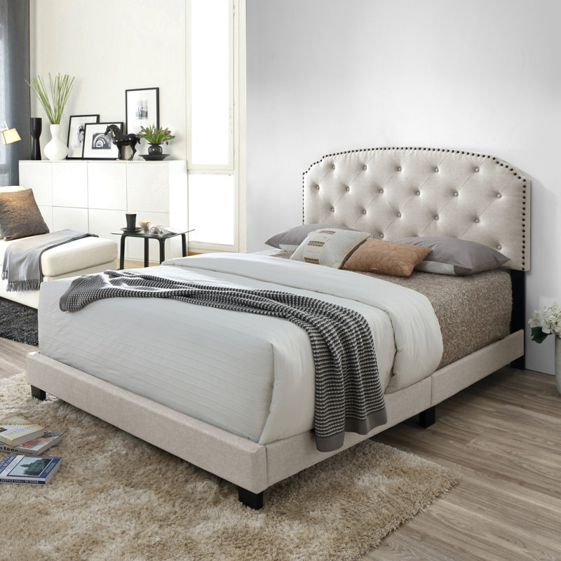 Upholstered Queen Bed with Button Tufting and Black Nail Head Trim, Beige Polyester