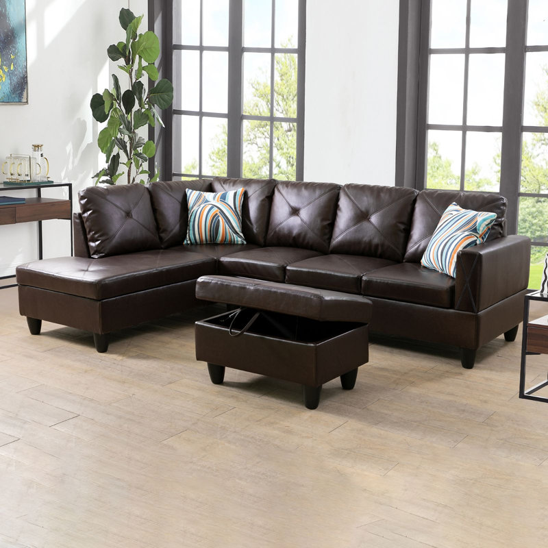 Canapé modulaire rembourré de 97 po avec repose-pieds Jibrael, Accoudoir à gauche (vu de face), Cuir véritable brun