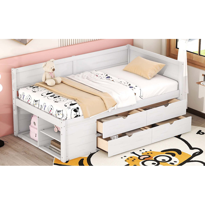 Lit de jour avec tiroirs et tablettes, Lit simple, Blanc