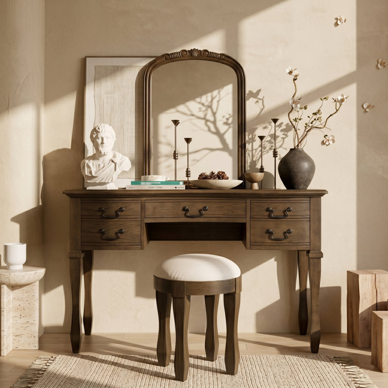 Coiffeuse Rosalind vintage de 46 po avec éclairage, miroir, 5 tiroirs et tabouret inclus.