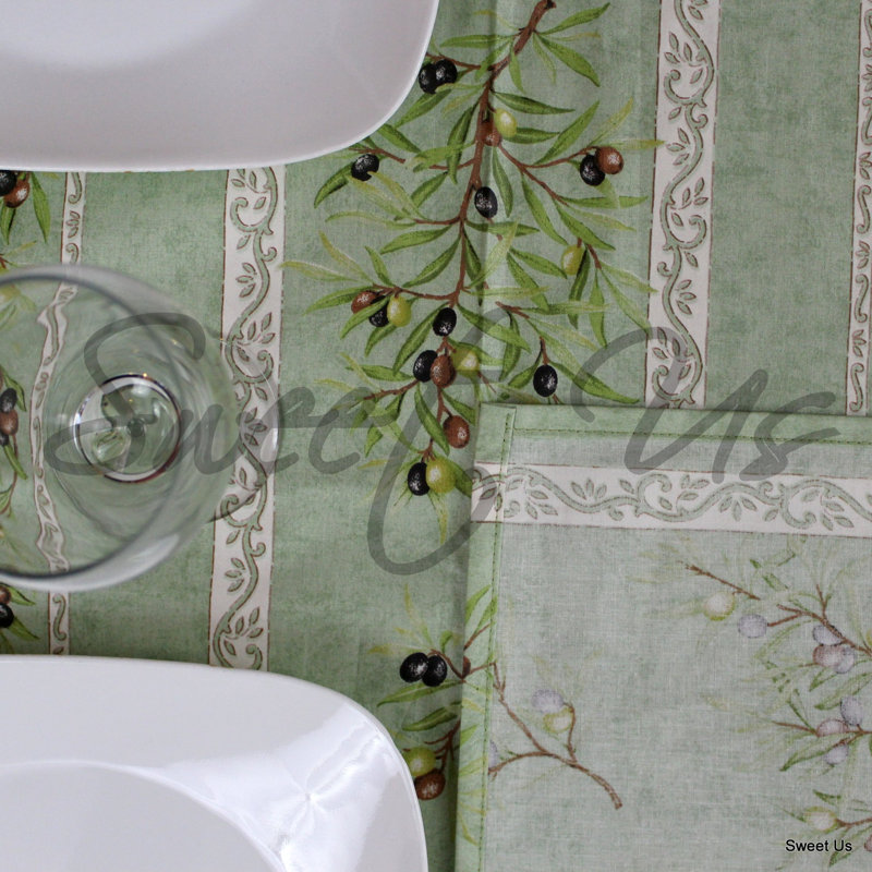 Wipeable Stain Resistant Acrylic Coated French Provencal Cotton Olive Floral Tablecloth, Green, 136" x 60"