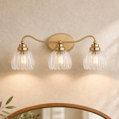 Shirley 3-Light Champagne Gold Bathroom Vanity Light, 21.25 in. Wide, Clear Fluted Tulip Glass, Steel, Dimmable, LED Compatible, Reversible Mount