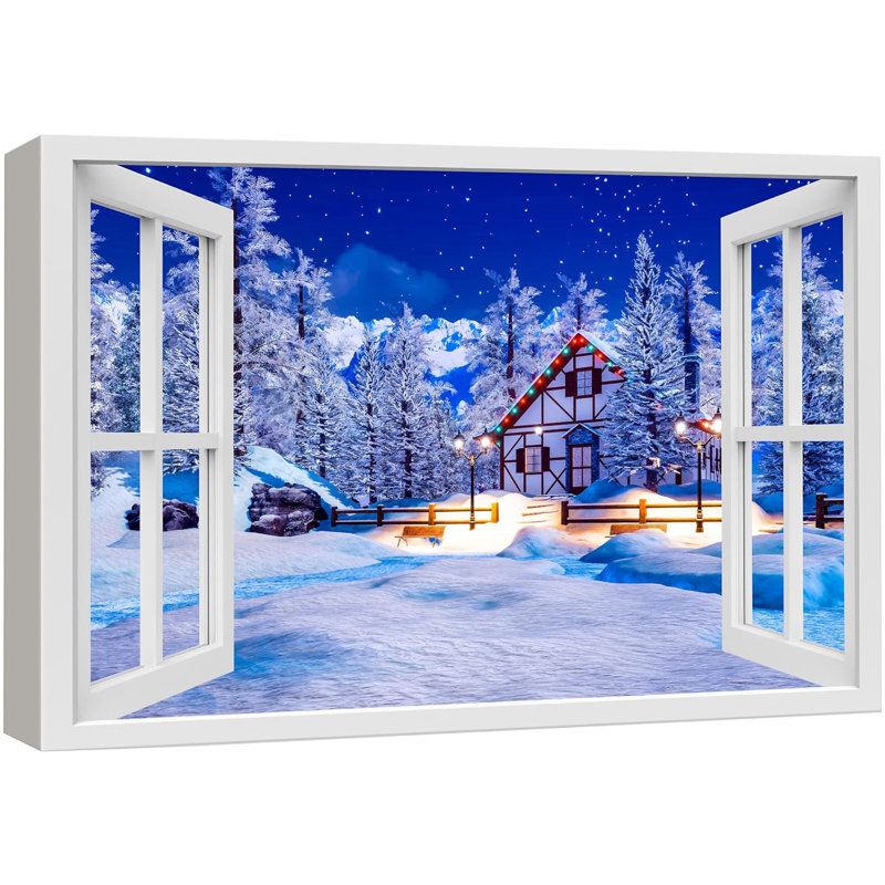 Fenêtre de paysage «Window View Snowy Christmas Forest Village Celebrations & Holidays Nature Images Landscape» sur toile