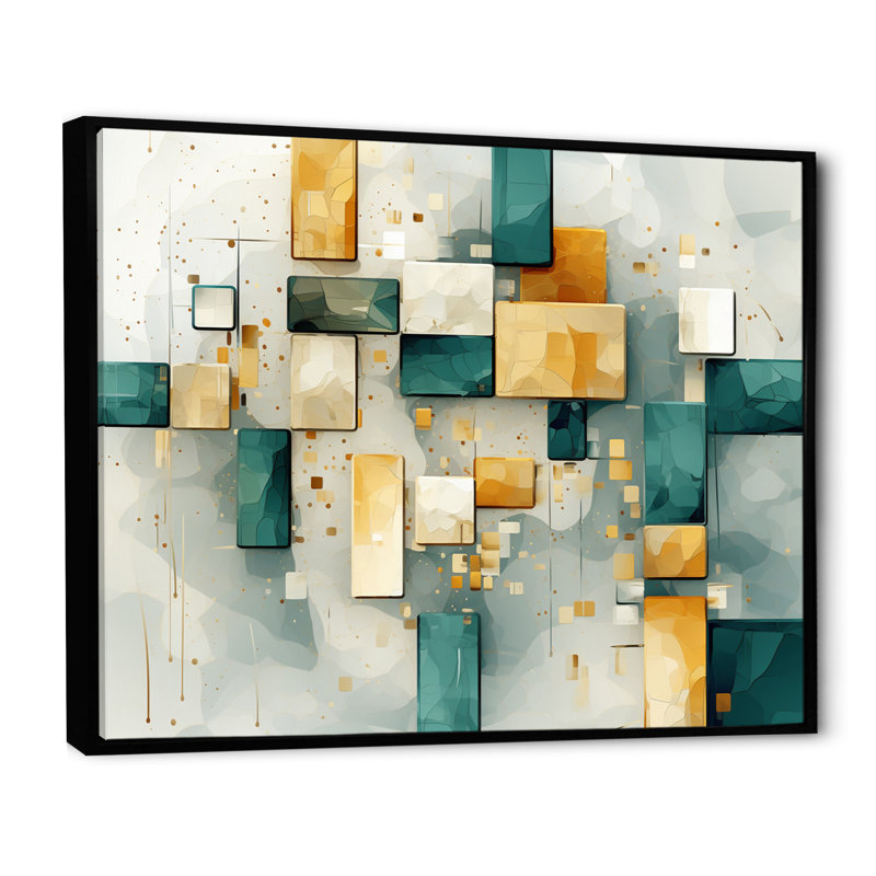 Motif géométrique rétro bleu sarcelle - impression, H 34 po x l 44 po x P 1,5 po, Cadre flottant noir