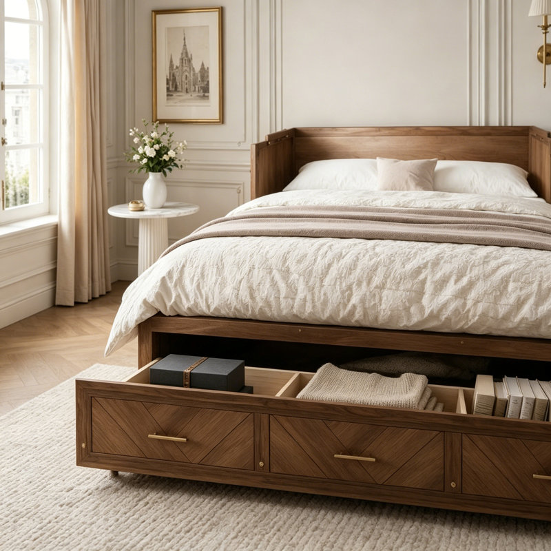 Lit escamotable, armoire en bois de pin avec station de charge USB intégrée et panneau de décoration géométrique