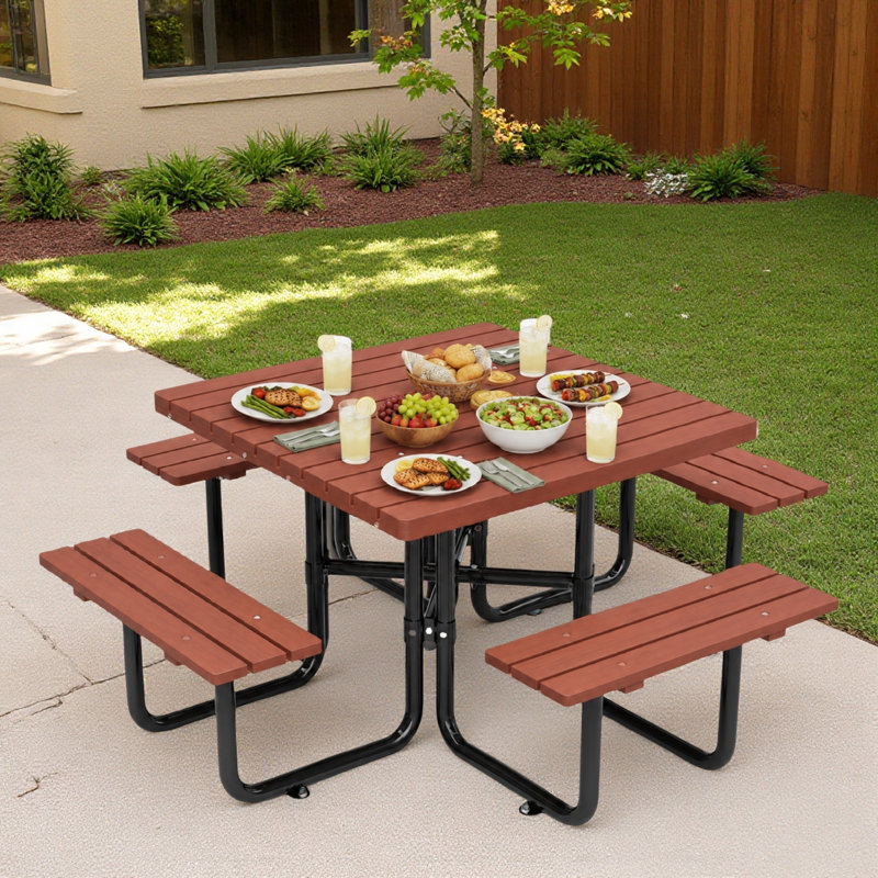 Ensemble de table de patio extérieur avec bancs intégrés et trou pour parasol