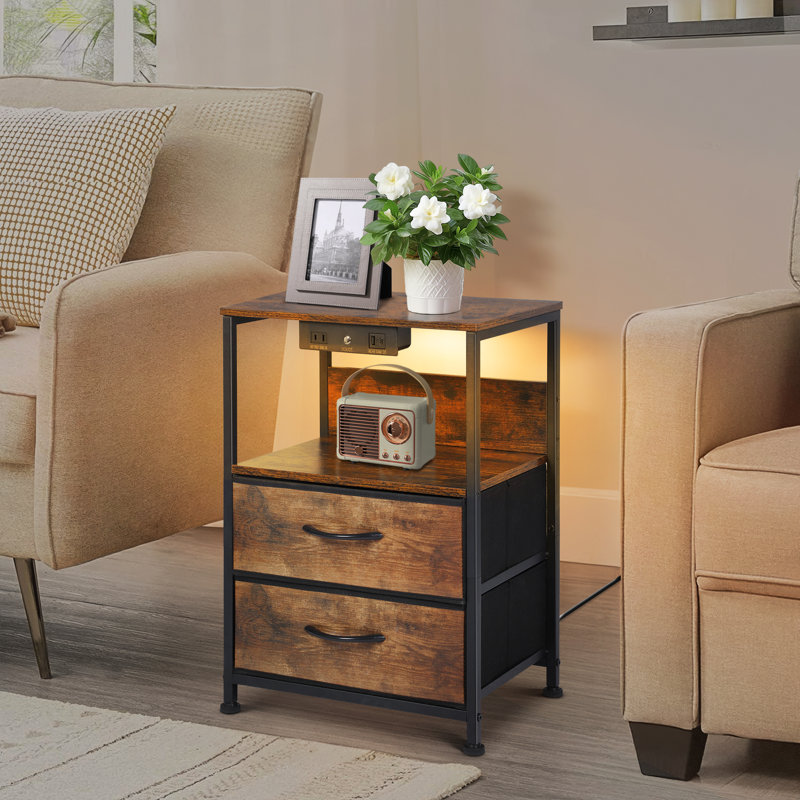 Kohaku 23” 2-Drawer End Table with USB Port and Touch Control, Nightstand with LED Light