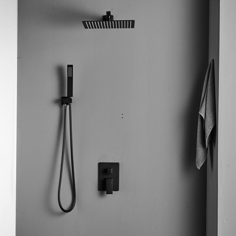 Modern Bathroom Faucet - Wall Mounted Rainfall Shower With Black, 304 Stainless Steel, Plating Contemporary System Head In Ceramic Filler, Polish