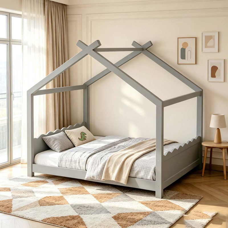 Lit de maison avec lattes de soutien, cadre de lit en bois massif pour enfants, aucun sommier et ouverture, gris, Grand