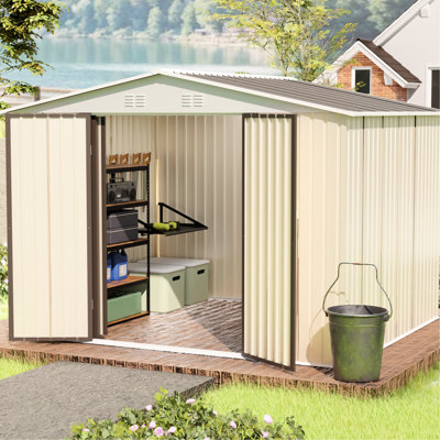 Abri de jardin extérieur 3 x 2,4 m, blanc crème, structure en alliage d'aluminium, porte à charnières et fondations, aération optimale.