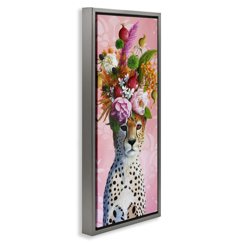 Cadre flottant Serious Cheetah & Florals, design par Heather Gauthier, Cadre flottant gris lustré, H 31 po x l 15 po