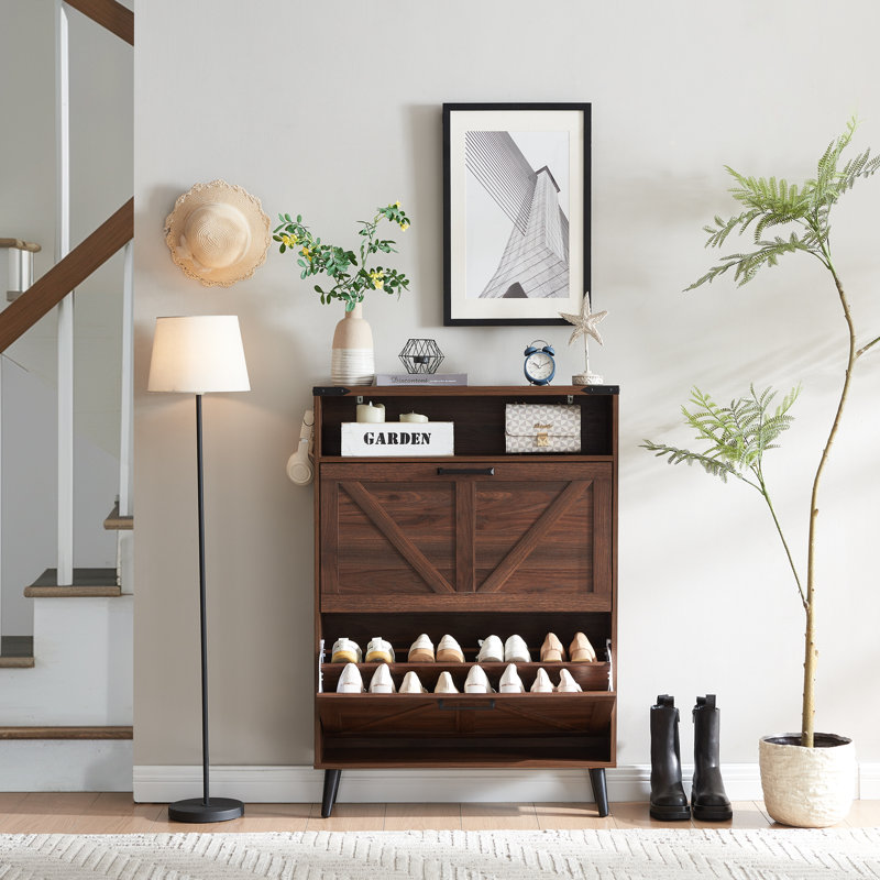 Chea Shoe Storage Cabinet with Adjustable Shelves, Brown Wood, 2
