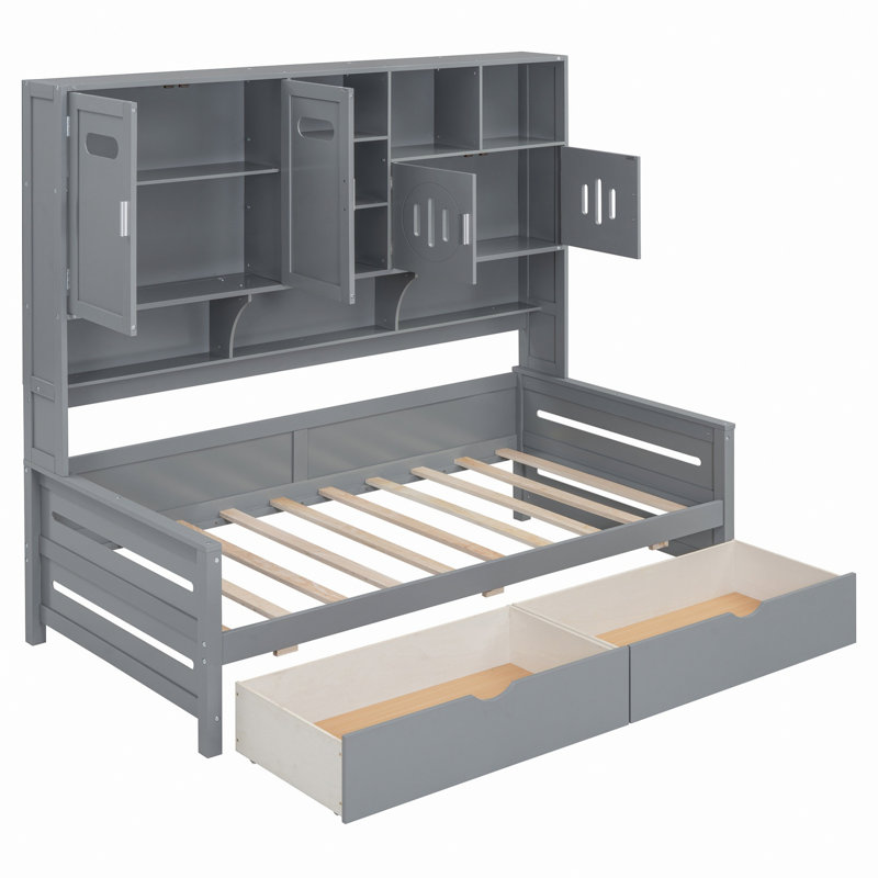 Lit de jour en bois avec tiroirs et tablette, Lit simple, Gris