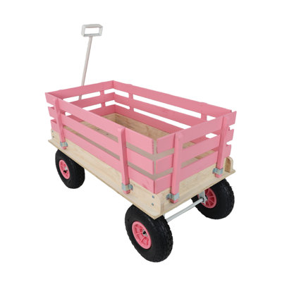 Chariot de jardin rose en bois pour enfants avec rails latéraux amovibles et roues tout-terrain, chariot de jardin d'extérieur robuste pour tout-petits