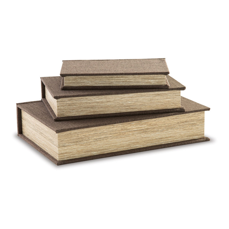 Jolly Decor Storage Book Box Set Of 3, Linen, Velvet Lining, Brown/Black