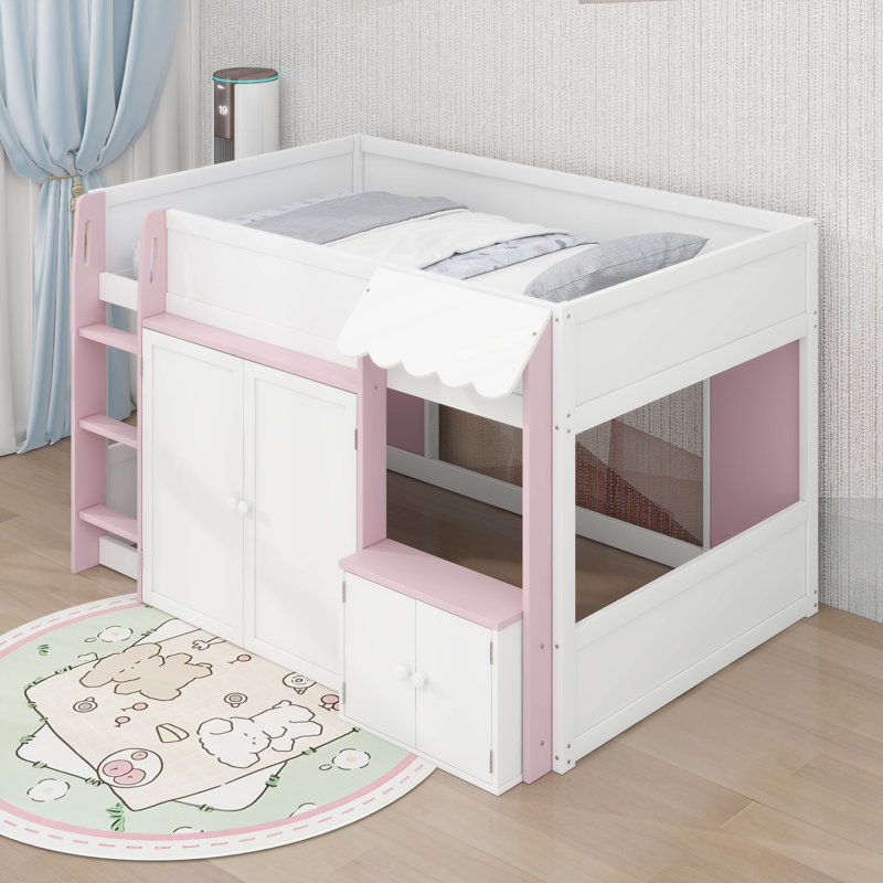 Lit mezzanine double avec rangement, porte et fenêtre, structure de lit en bois avec rangement, Blanc / Rose