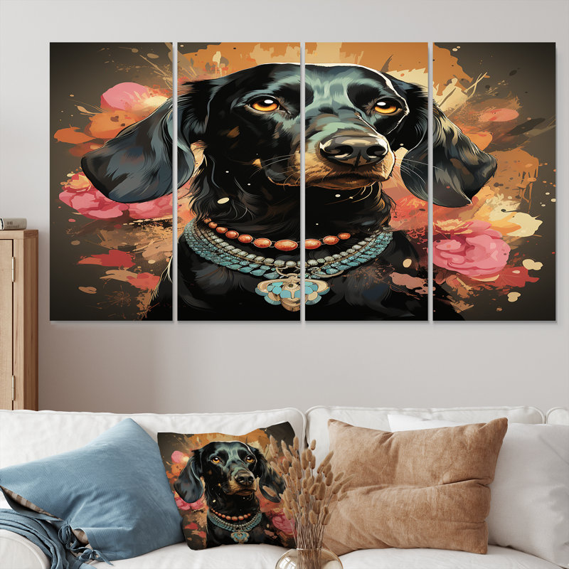 Glamour teckel, art mural sur toile, 4 pièces, H 28 po x l 48 po