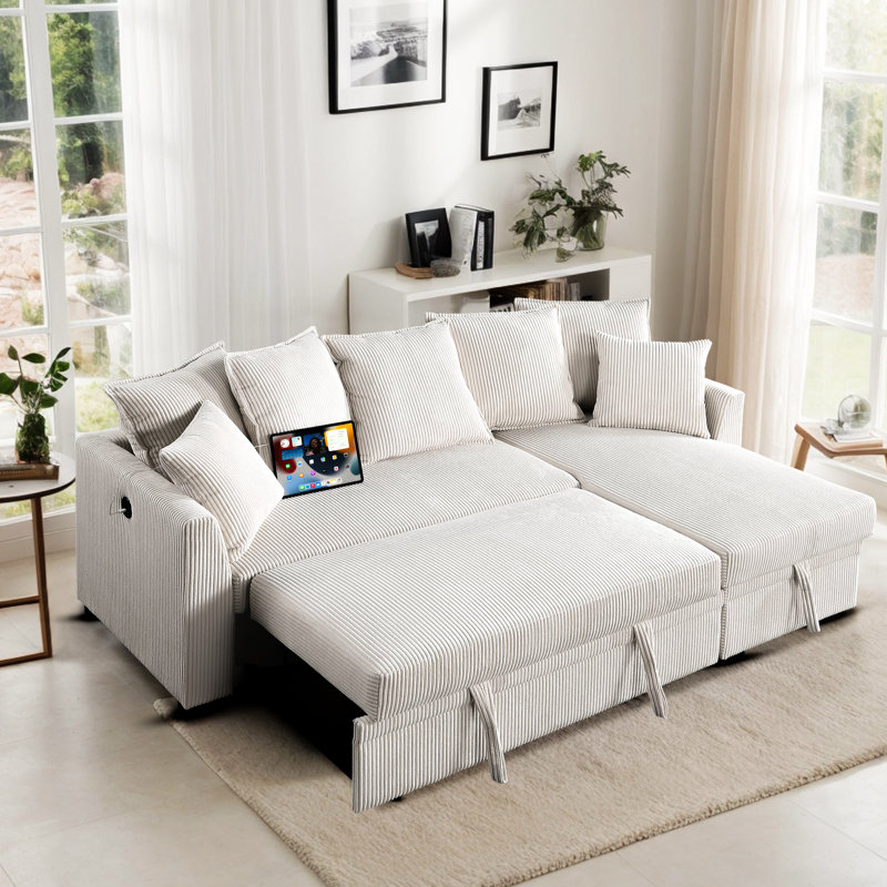 Upholstered Corduroy Sofa Bed Pull Out Sleeper Sectional Couch with Reversible Storage Chaise , USB Ports , 7 Pillows