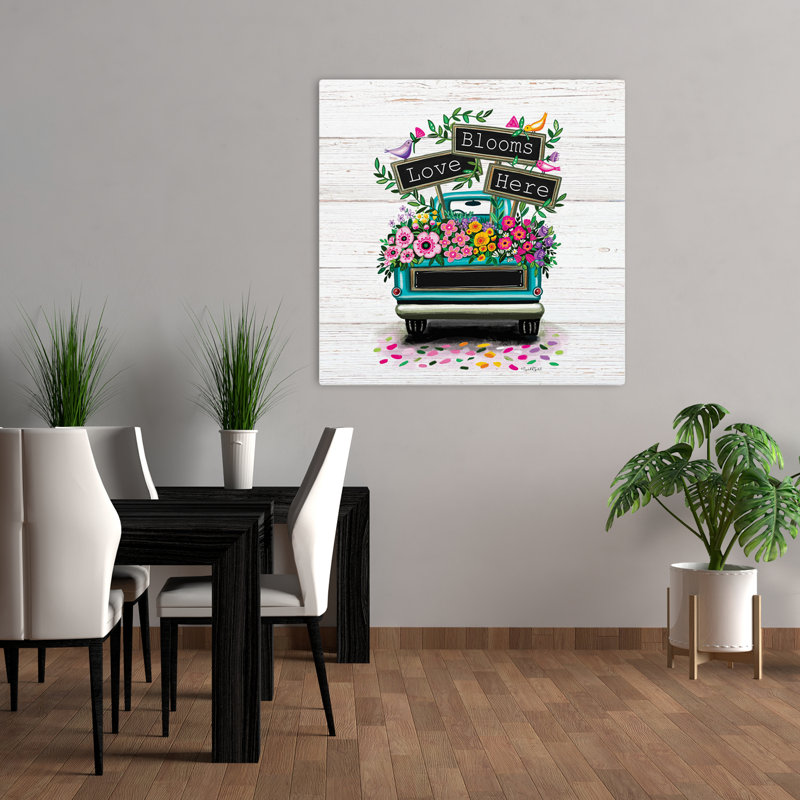 «Love Blooms Here Truck», art typographique floral contemporain, H 36 po x l 36 po